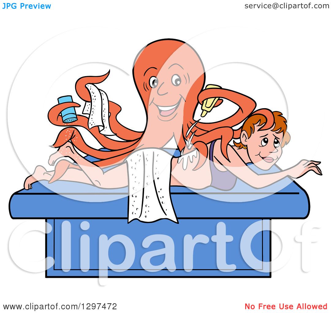 Clipart of a Cartoon Masseuse Octopus Massaging a White ...