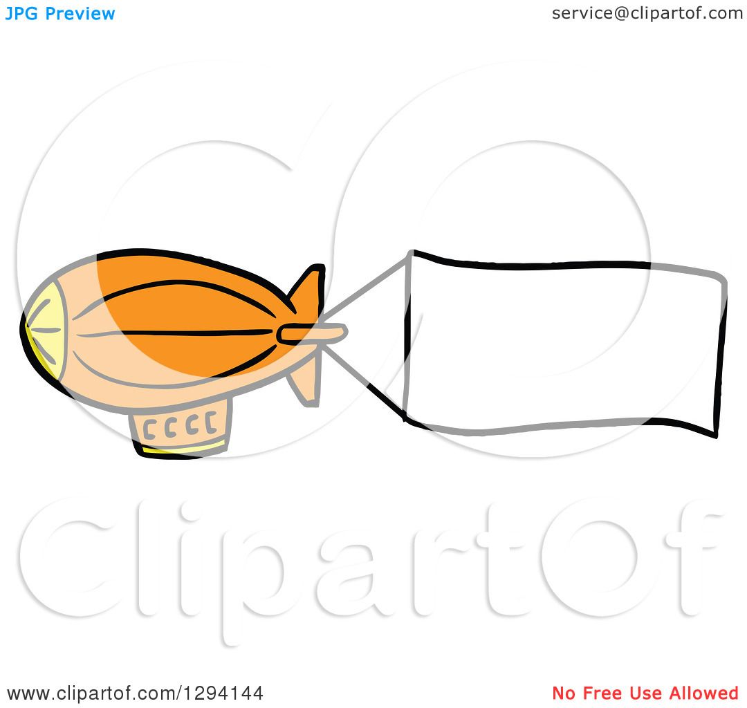 Clipart of a Cartoon Orange Blimp with a Blank Aerial Banner - Royalty