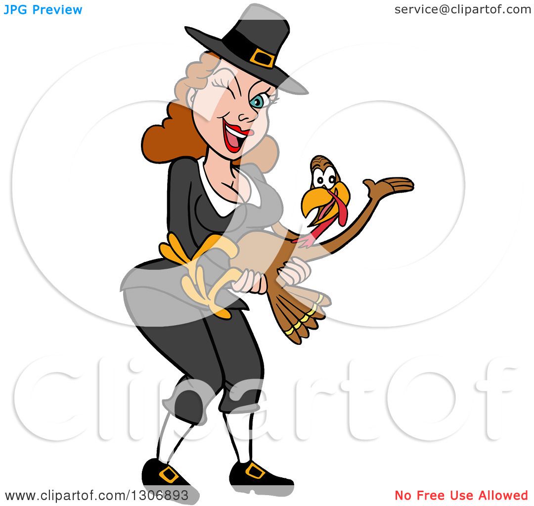 Clipart Of A Cartoon Winking Sexy Pilgrim Woman Holding A Turkey Bird Royalty Free Vector