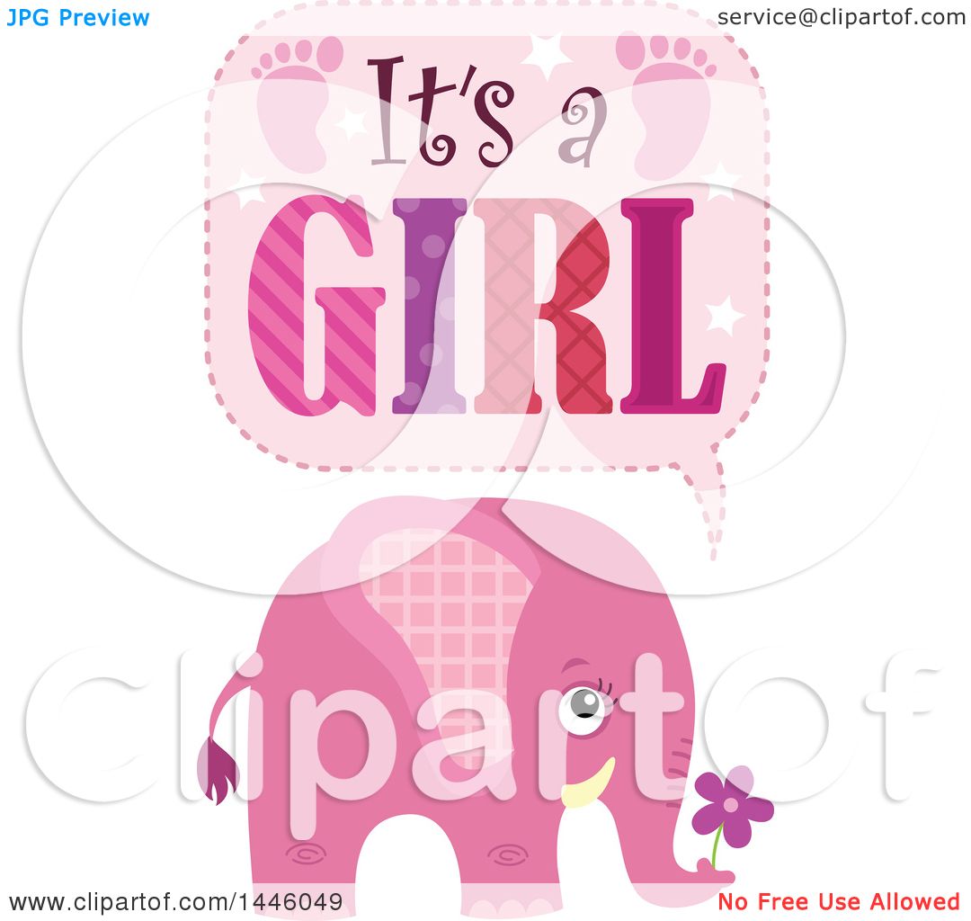 Clipart of a Cute Pink Elephant with Its a Girl Text ...