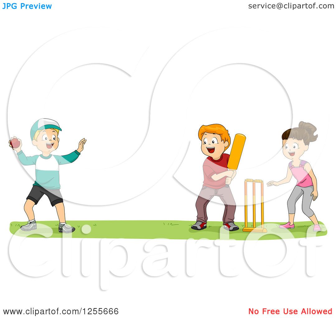 Clipart Of A Girl And Boys Playing Cricket At A Park Royalty Free