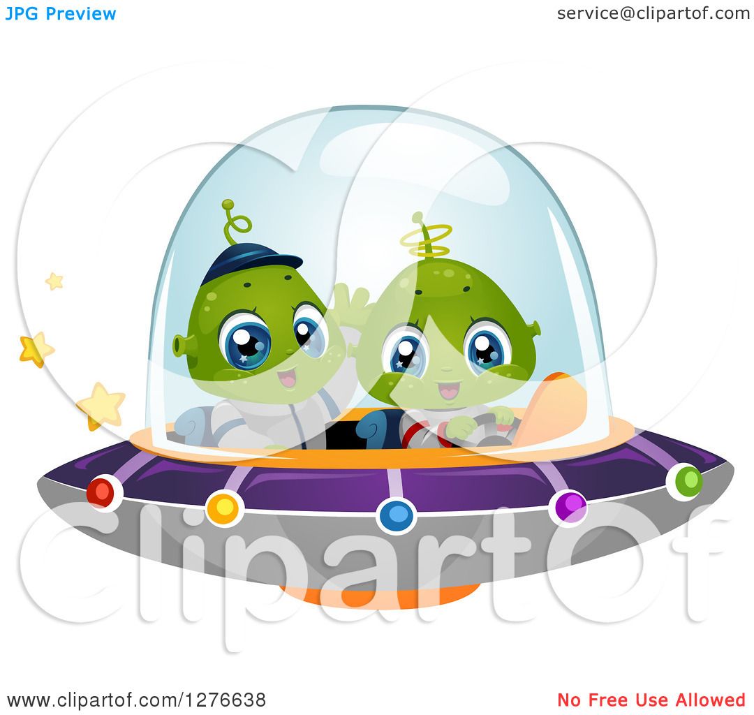 Clipart of a Happy Cute Alien Kids Flying a UFO - Royalty ...