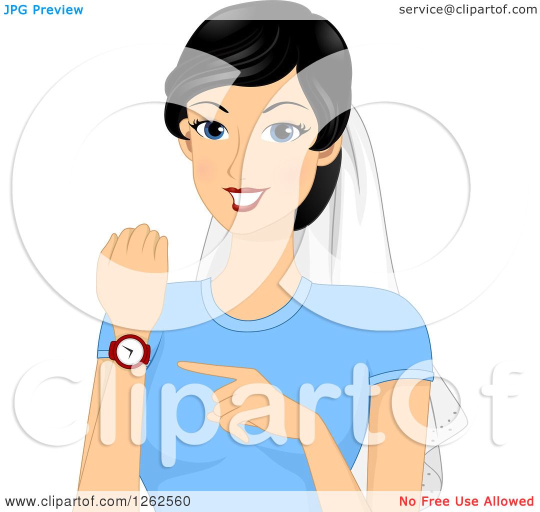 Clipart of a Happy Young Asian Bride Wearing a Veil and Pointing to Her