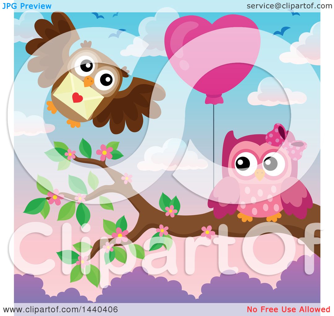 Clipart of a Pink Owl Holding a Heart Balloon and a Brown ...