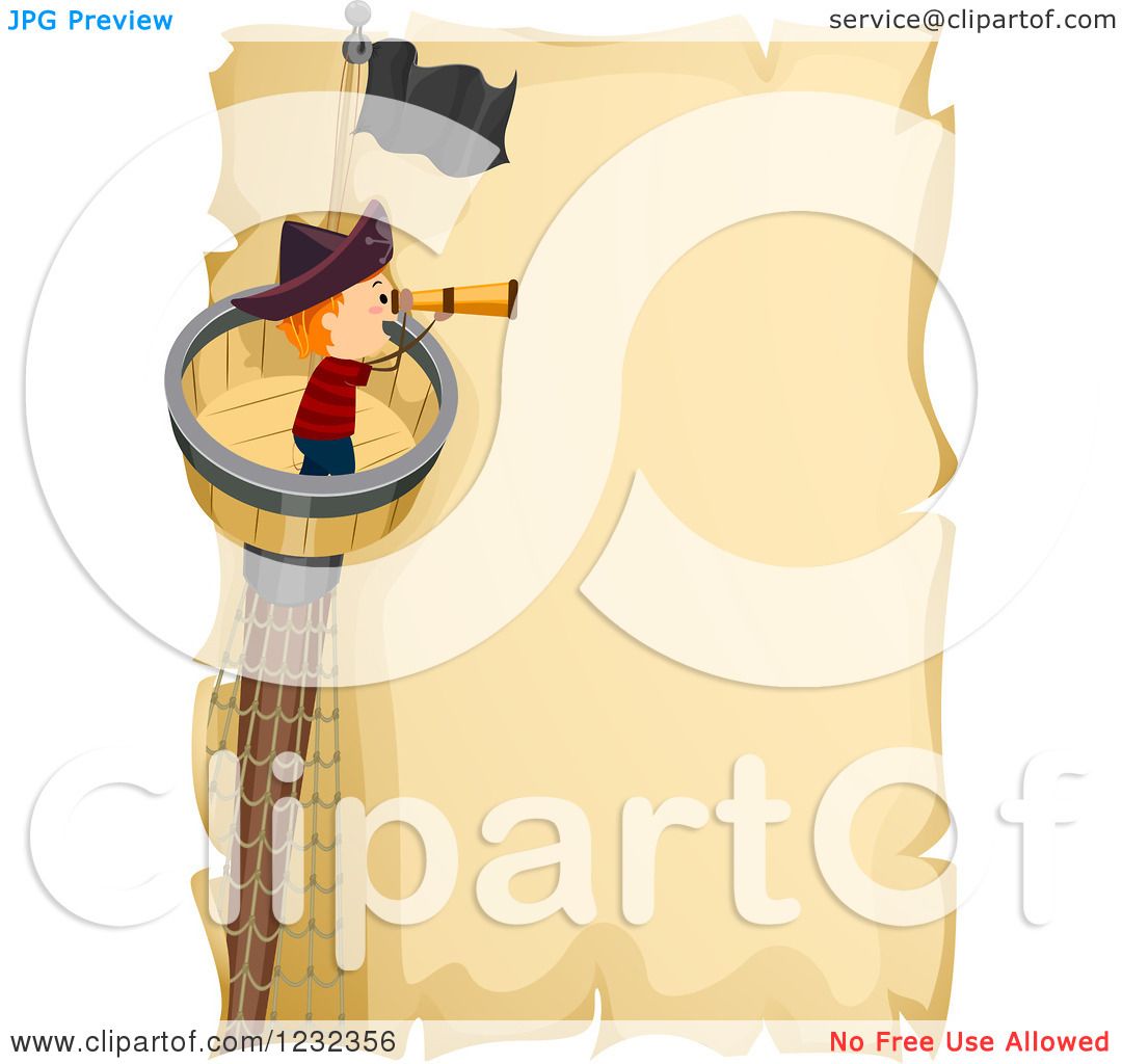 Clipart of a Pirate Boy Using a Telescope in a Crows Nest, over