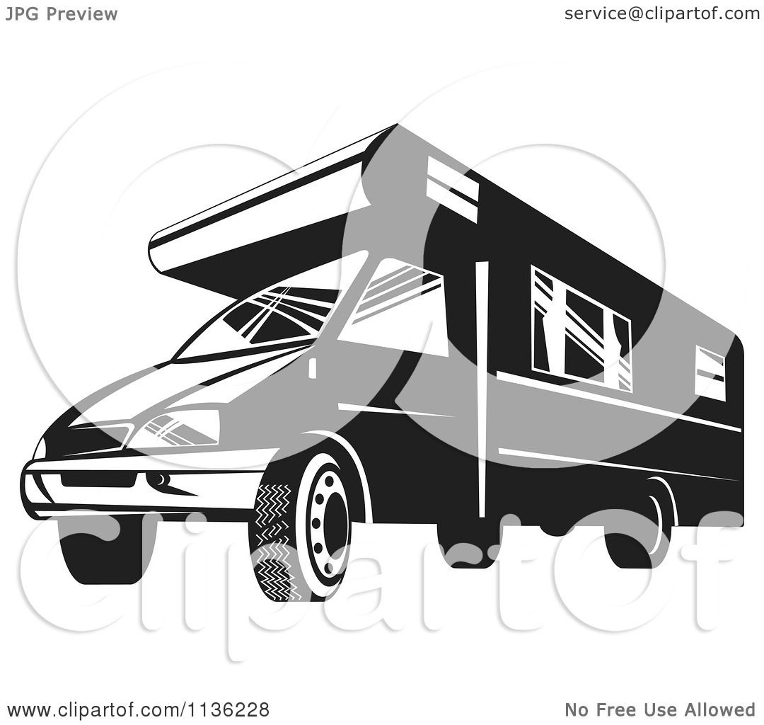 Clipart Of A Retro Black And White Camper Van - Royalty ...
