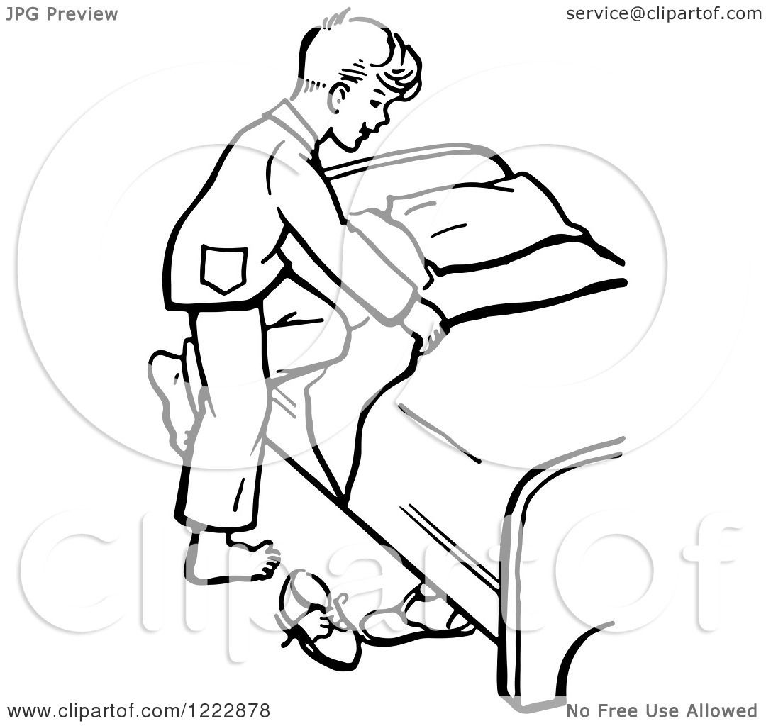 Clipart of a Retro Boy Climbing into Bed in Black and White - Royalty ...