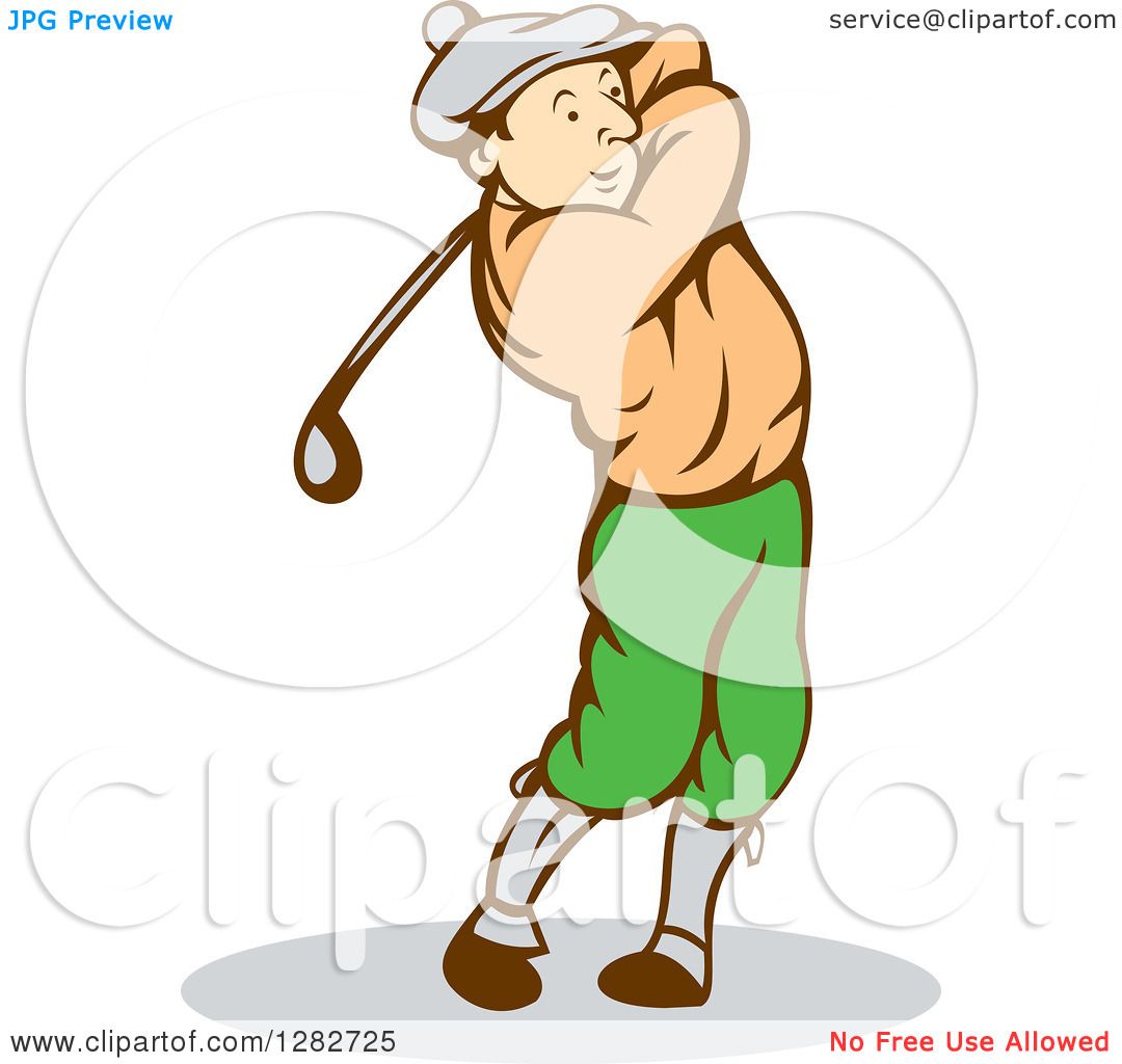 Clipart of a Retro Cartoon Male Golfer Swinging a Club