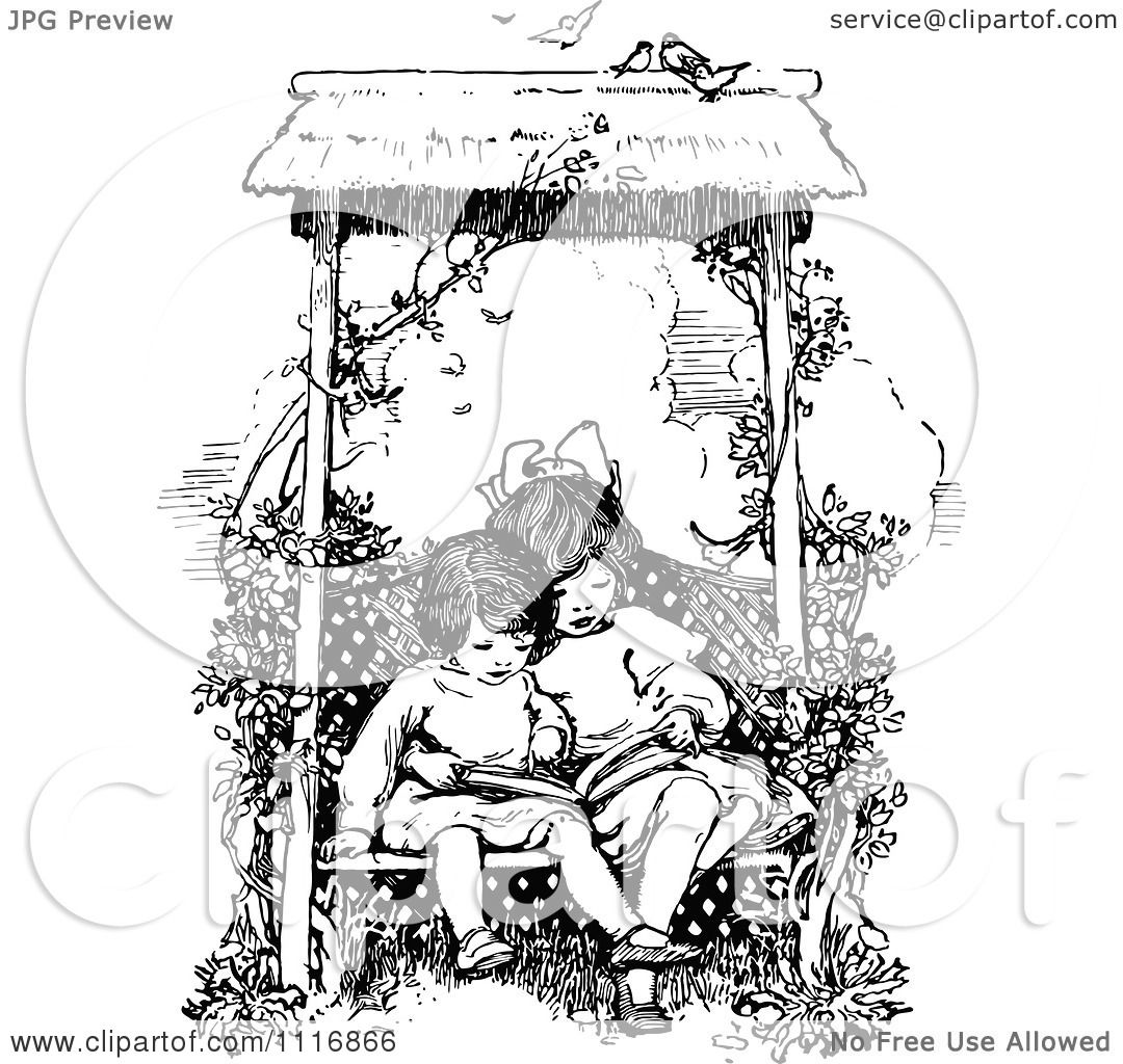 Clipart Of A Retro Vintage Black And White Girls Reading A 