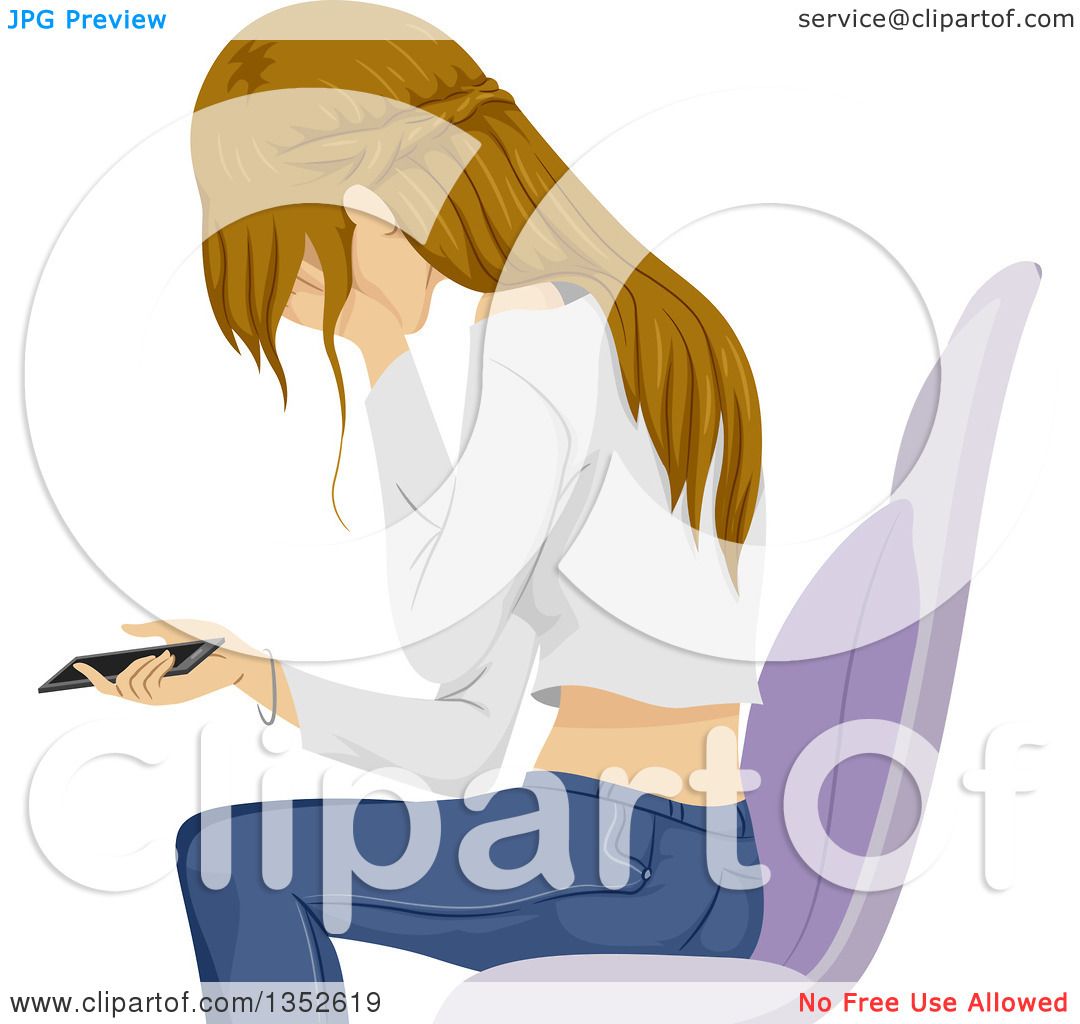 Clipart of a Sad Teenage Girl Crying over Something She Read on Her