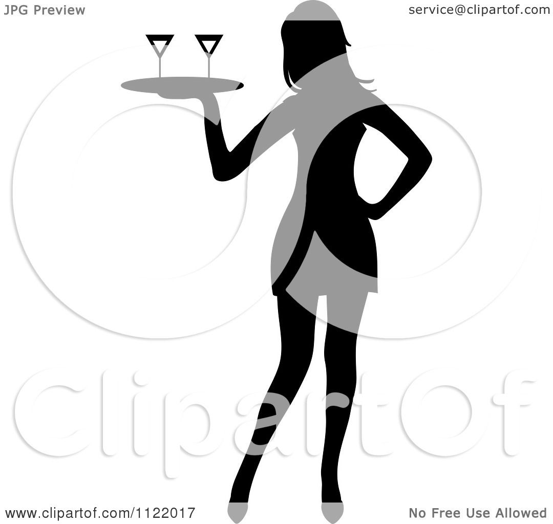 Clipart Of A Silhouetted Cocktail Waitress Carrying A Tray With