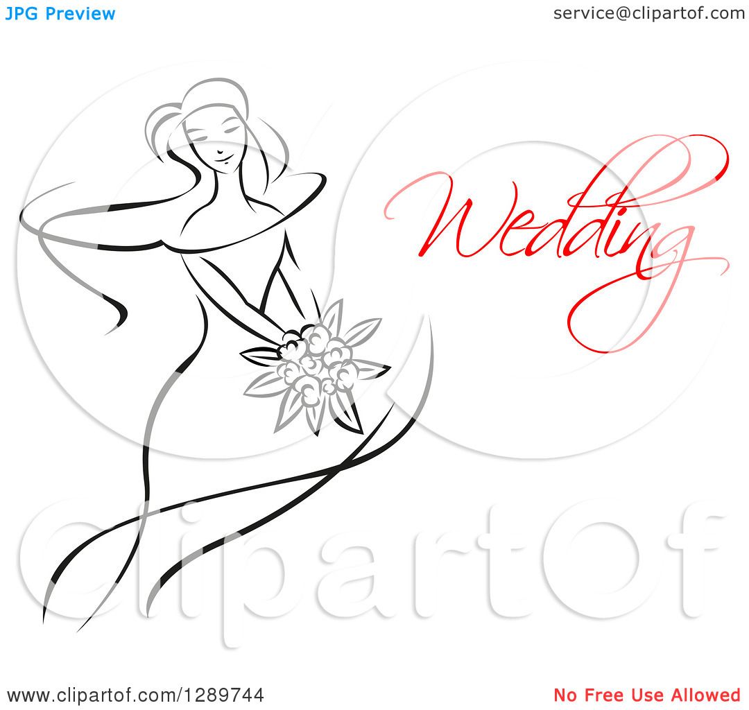 Clipart of a Sketched Black and White Bride Holding a ...