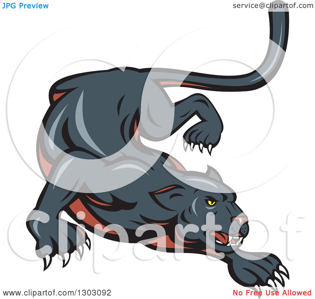 Clipart of a Stalking and Crouching Black Panther Cat - Royalty Free