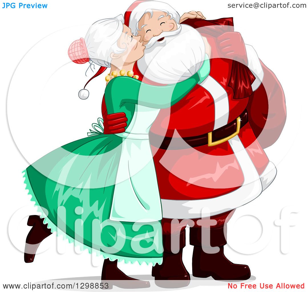 Clipart Of A Sweet Mrs Claus Kissing Santa On The Cheek On Christmas Eve Royalty Free Vector