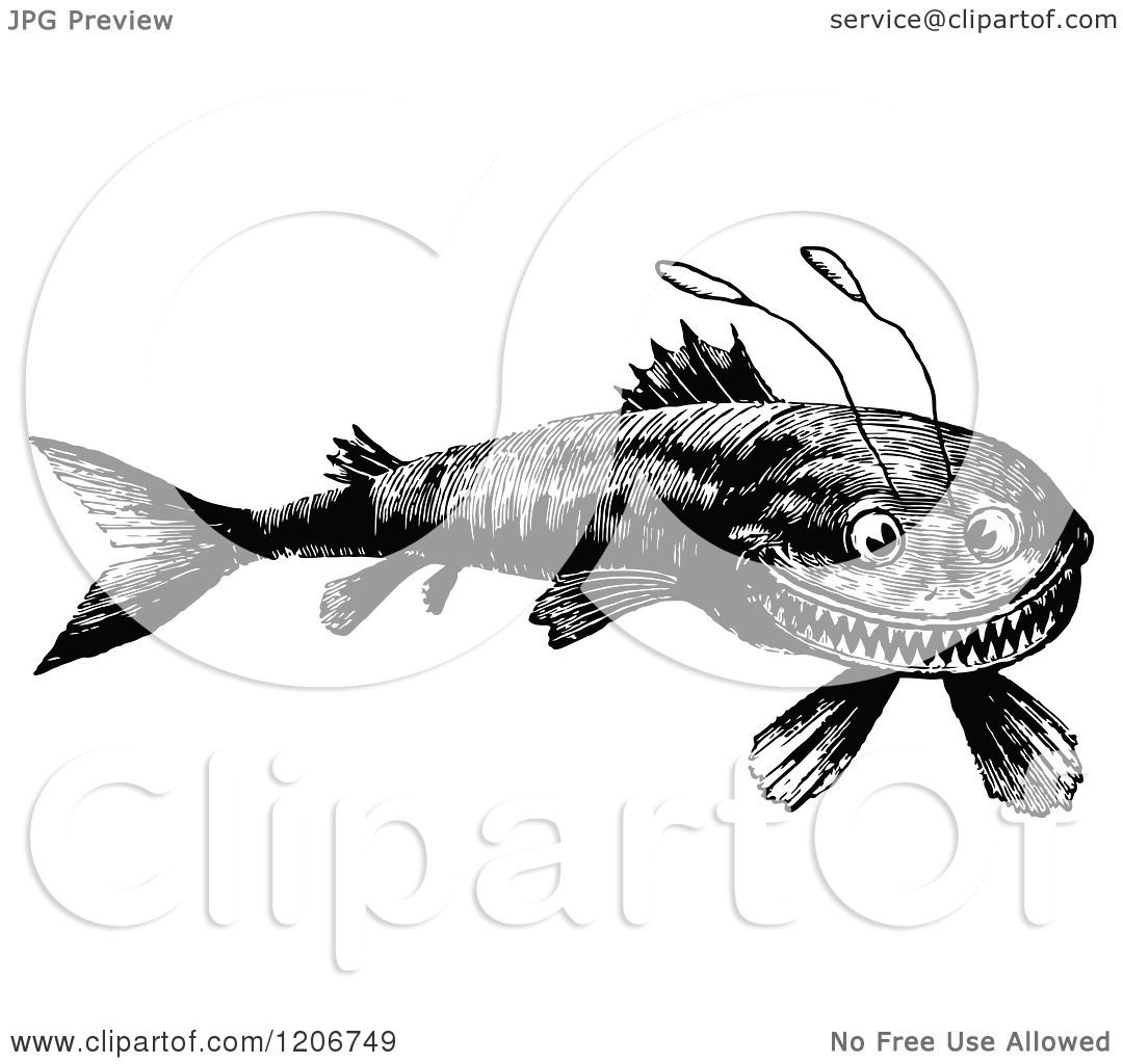 Clipart of a Vintage Black and White Funny Fish - Royalty ...
