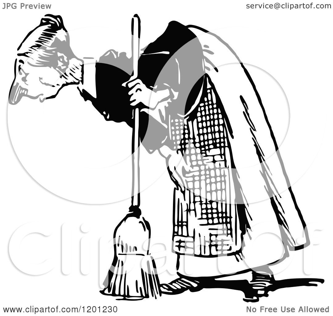 Clipart of a Vintage Black and White Old Woman Bending over with a