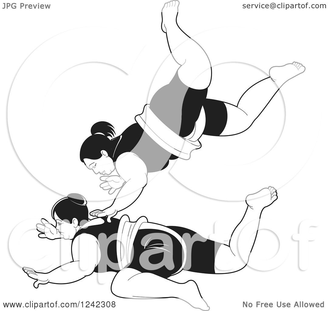 Clipart Of Black And White Female Sumo Wrestlers Fighting Royalty