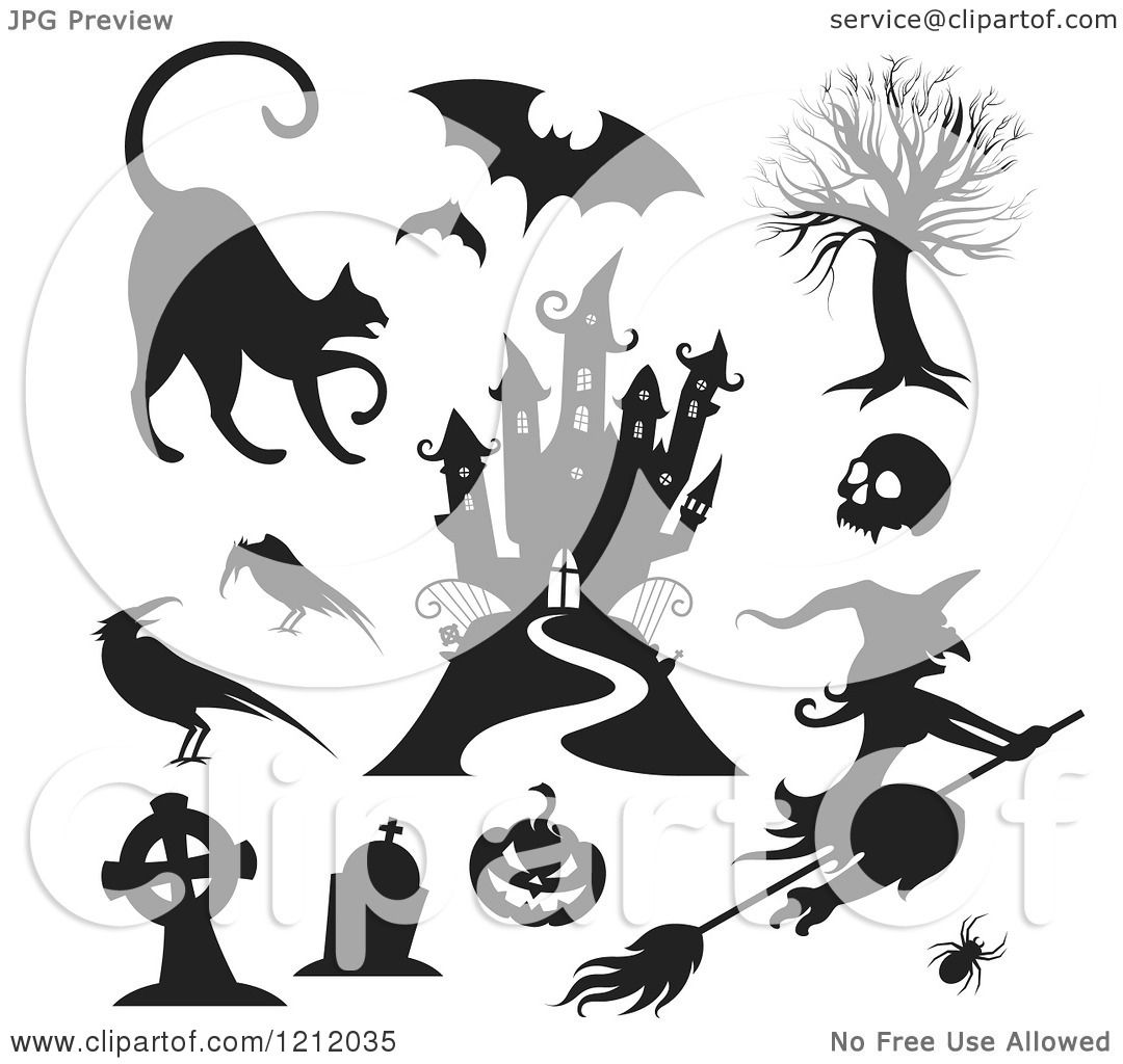 Clipart of Black and White Halloween Characters and Items ...