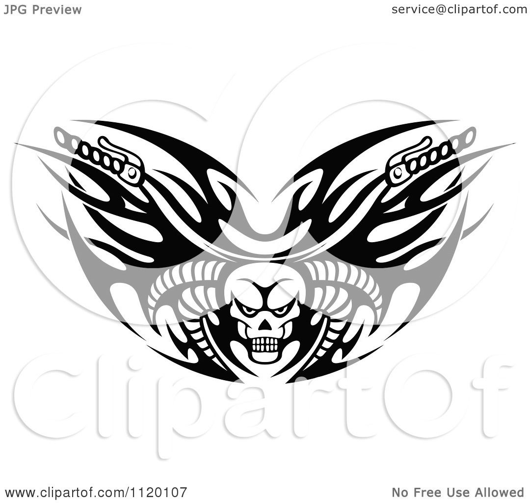 Clipart Of Black And White Tribal Flaming Skull Motorcycle Biker