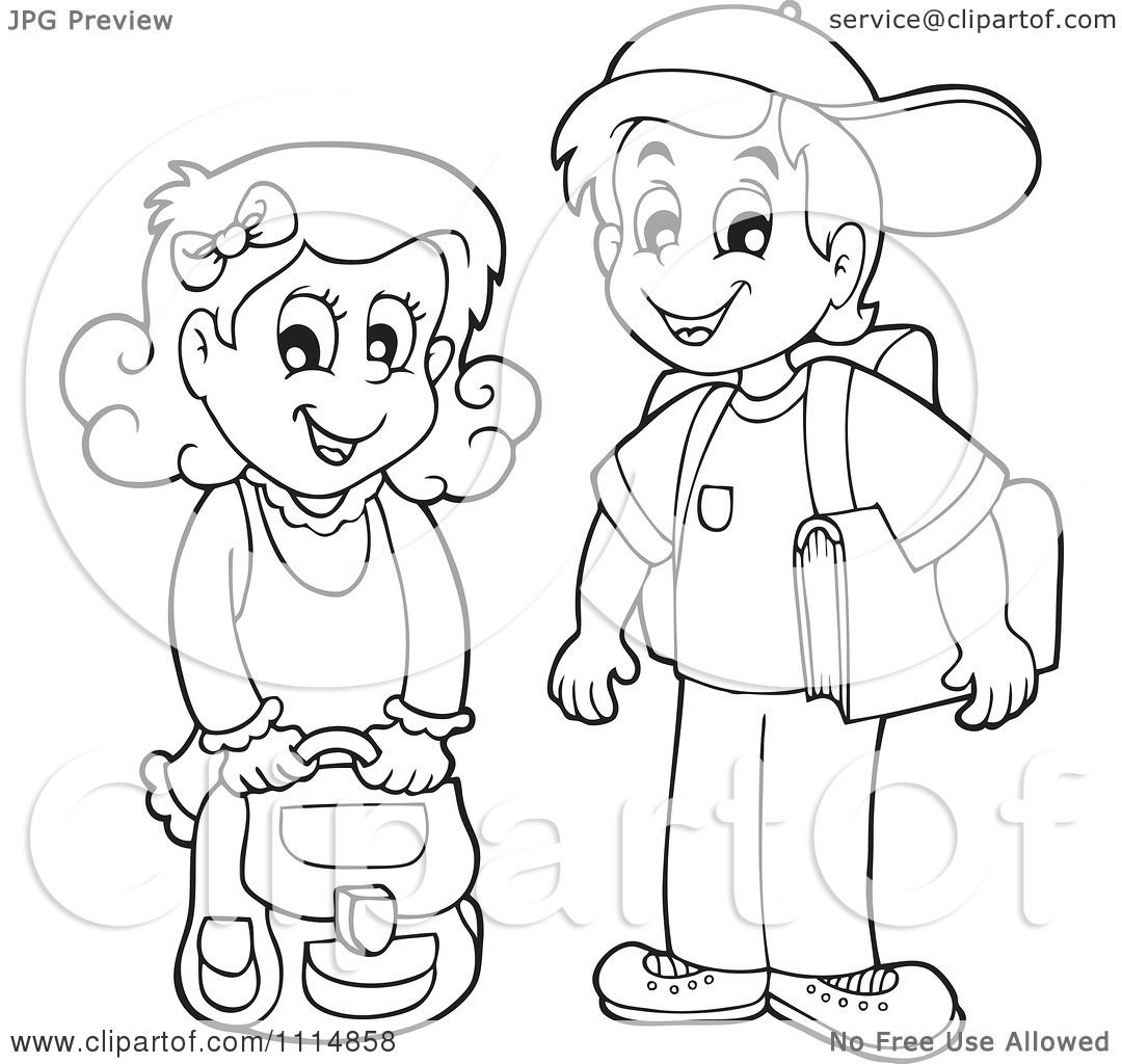 Clipart Outlined School Girl And Boy Smiling - Royalty ...