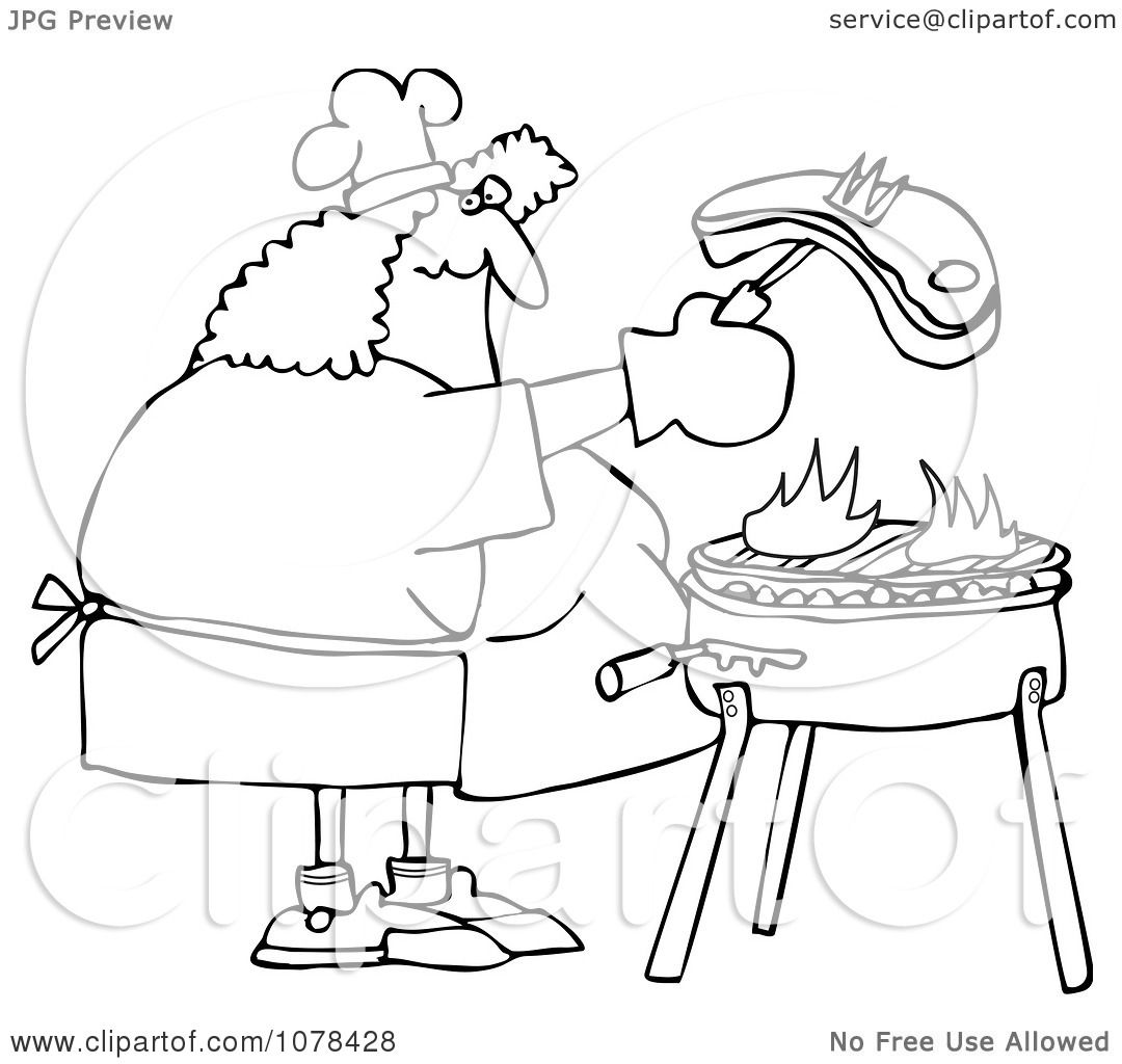 Clipart Woman Grilling Steak On A BBQ - Royalty Free 