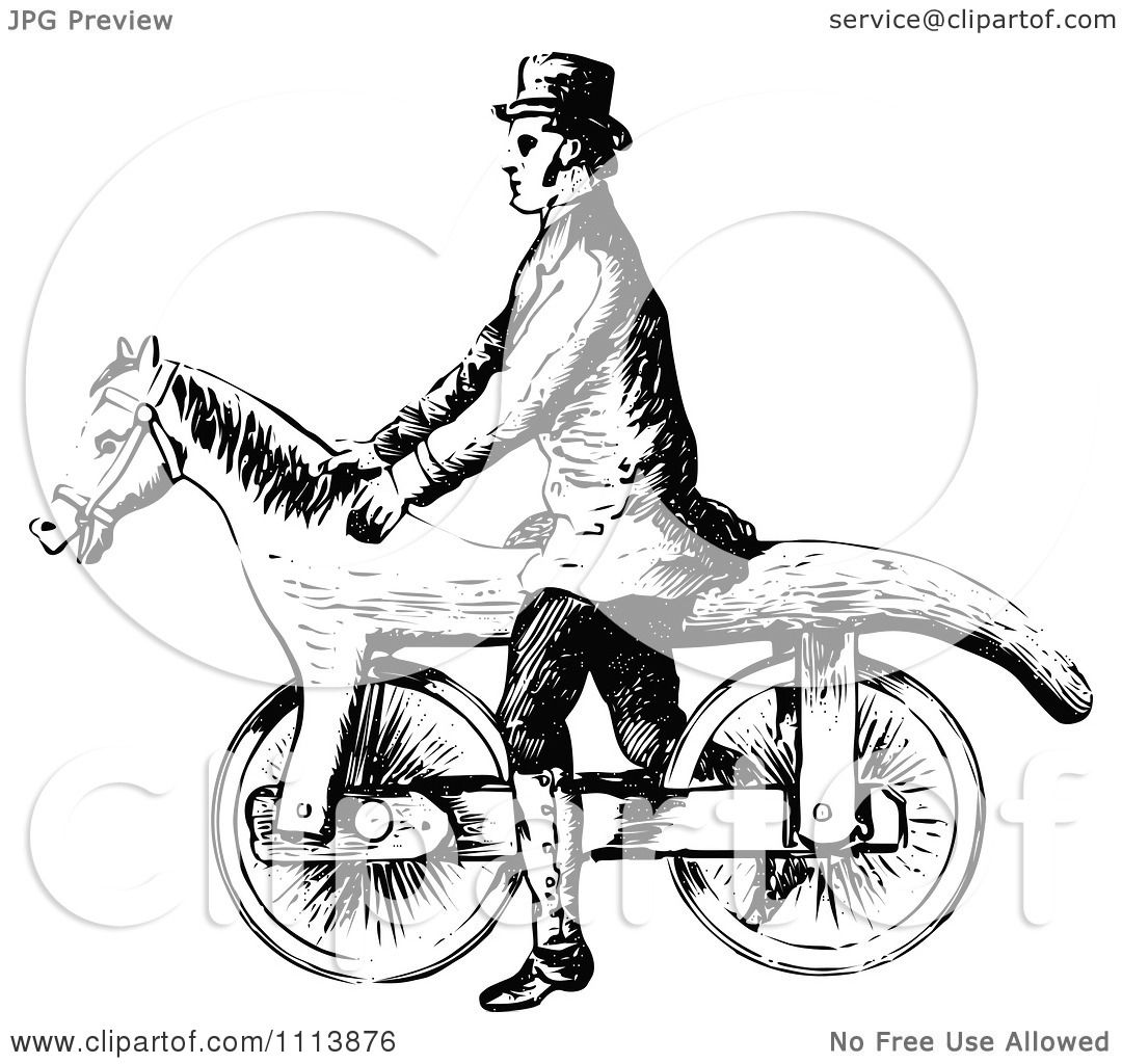 Clipart Vintage Black And White Man On A Horse Bicycle ...