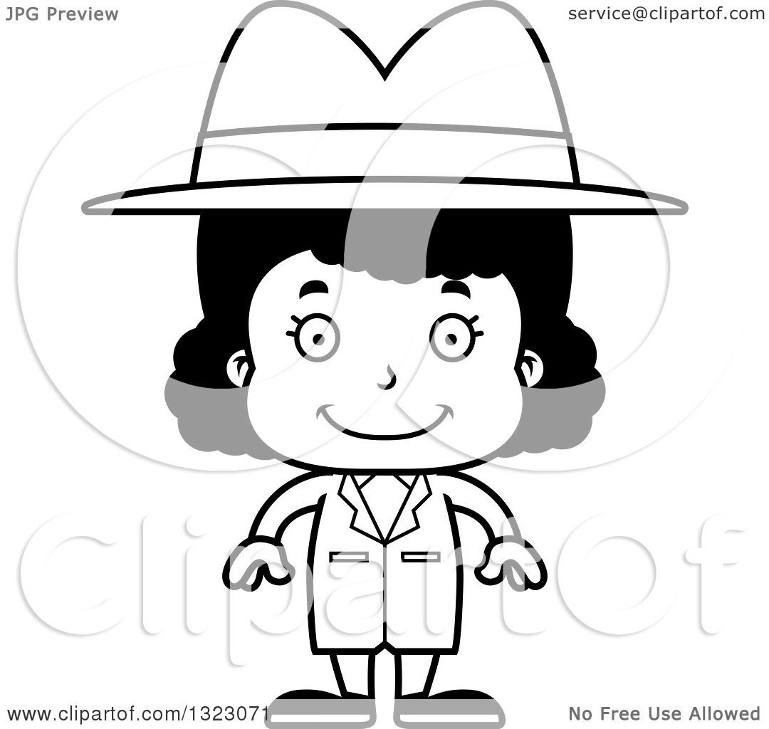 Lineart Clipart of a Cartoon Happy Black Detective Girl ...