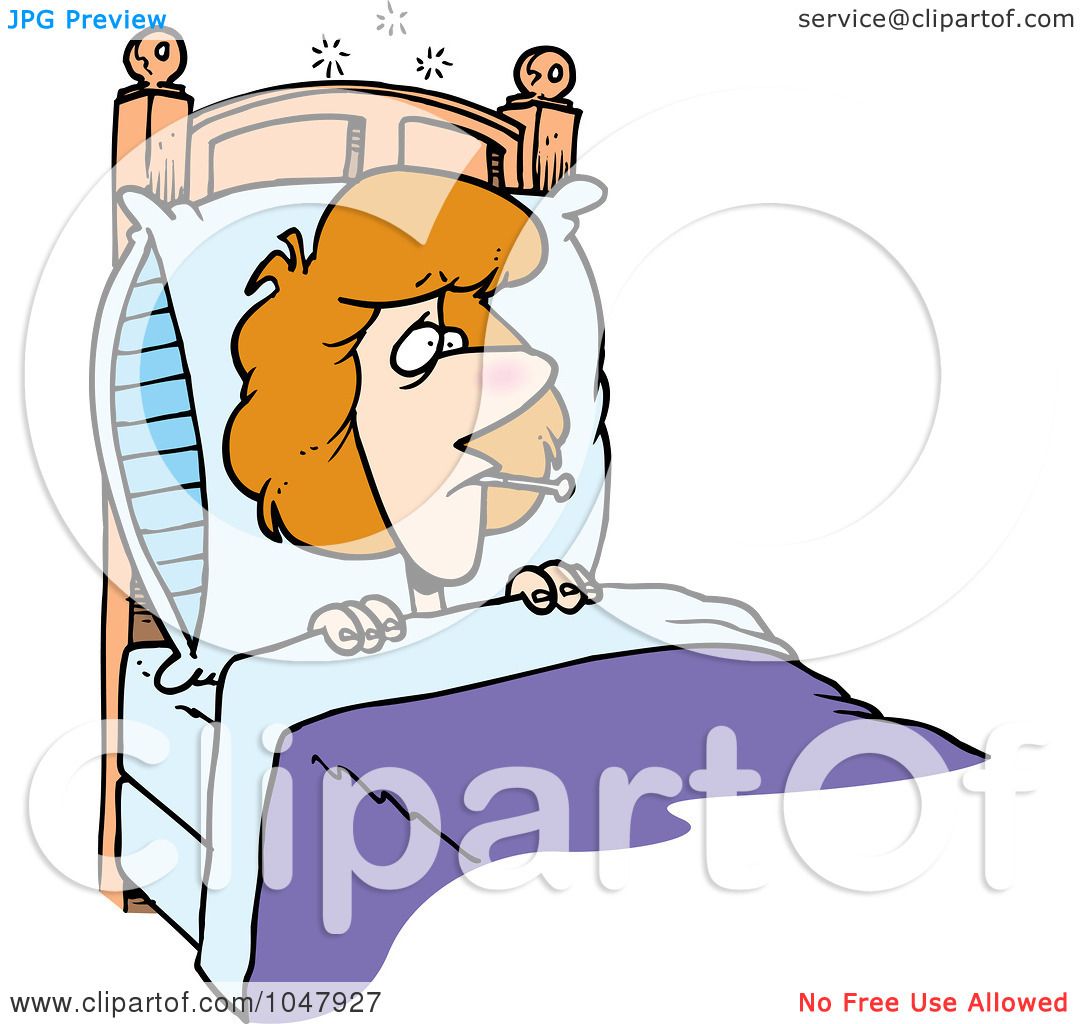 ... Clip Art Illustration of a Cartoon Sick Woman In Bed by Ron Leishman