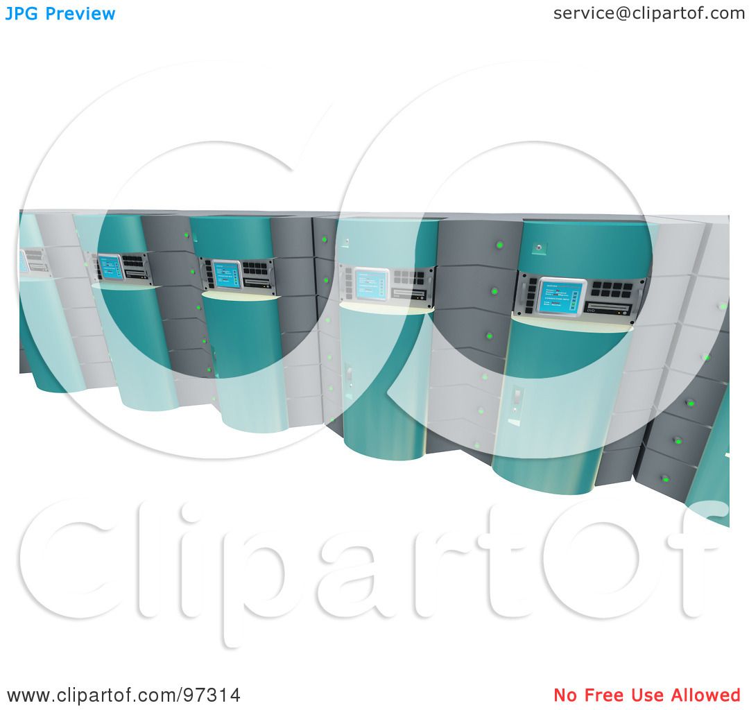  - Royalty-Free-RF-Clipart-Illustration-Of-A-3d-Row-Of-Blue-Server-Racks-In-A-Warehouse-102497314