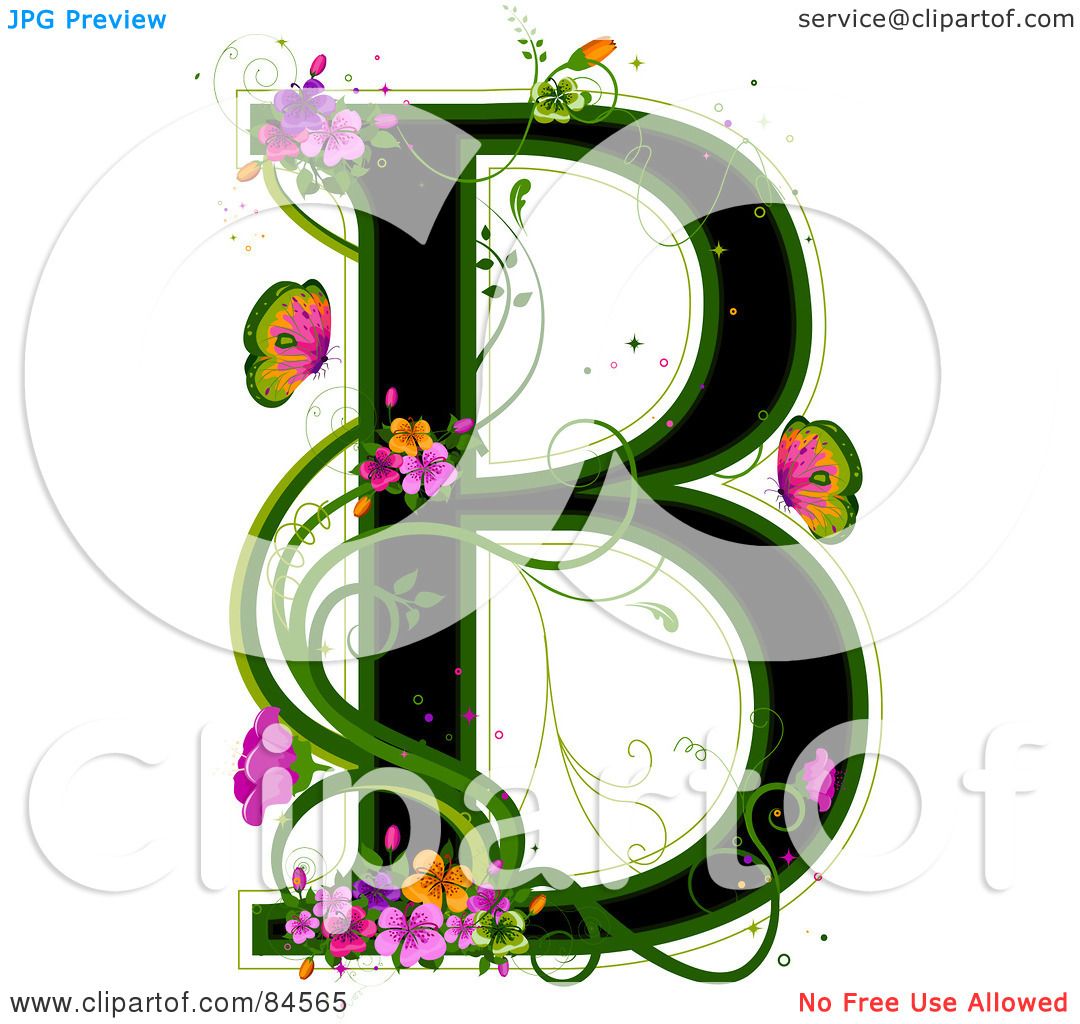 ... Letter B Outlined In Green, With Colorful Flowers And Butterflies