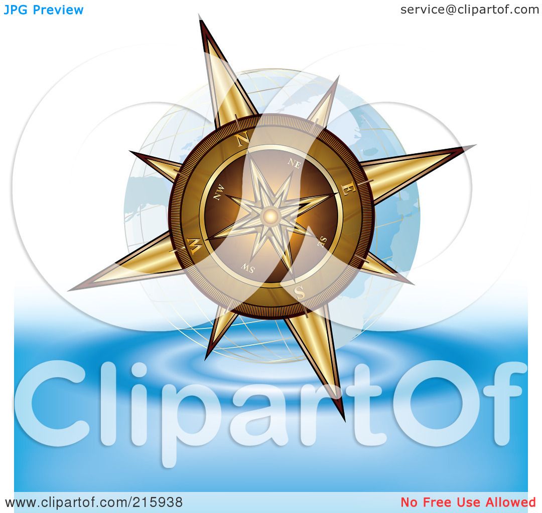 Royalty-Free (RF) Clipart Illustration of a Gold Compass Above Water  title=