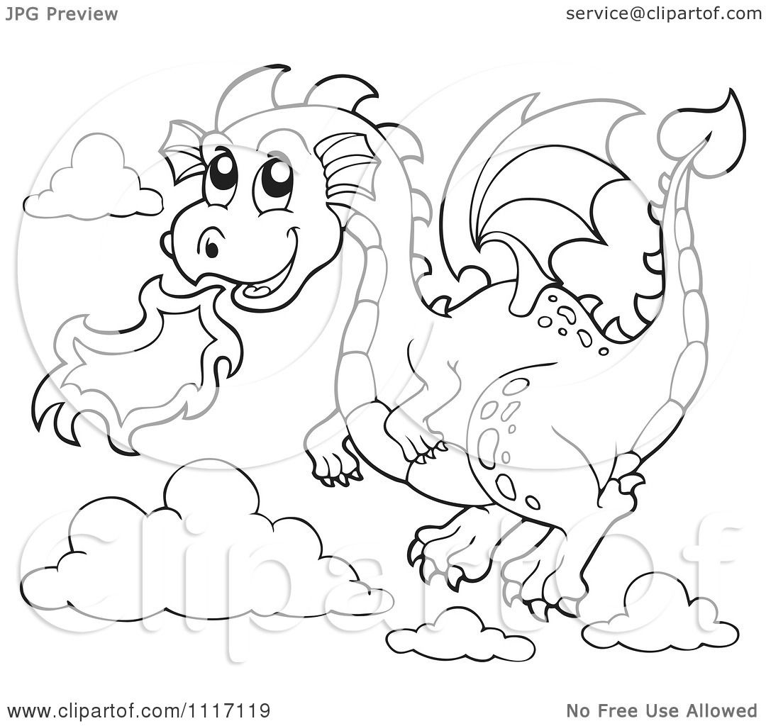 Vector Cartoon Of An Outlined Flying Fire Breathing Dragon - Royalty