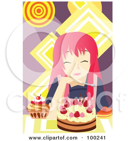 Royalty-free clipart picture of a pink haired girl eating cake.