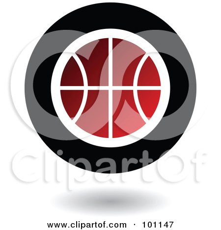 Royalty-free clipart picture of a round red black and white basketball logo 