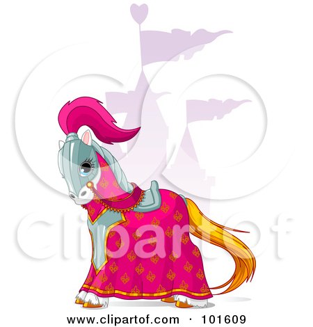 Royalty-free clipart picture of a knight's horse near a purple castle, 