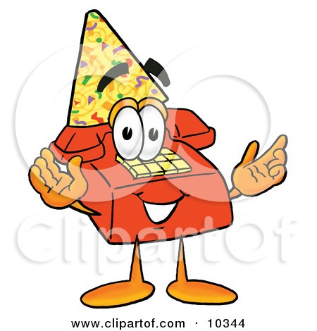 cartoon characters birthday.  a red telephone mascot cartoon character with his arms out at his sides, 