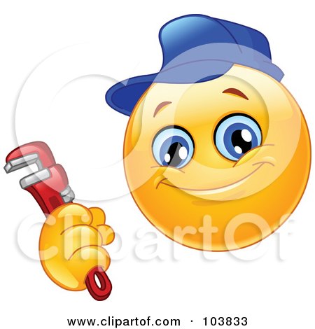  a yellow smiley plumber holding a monkey wrench, on a white background.