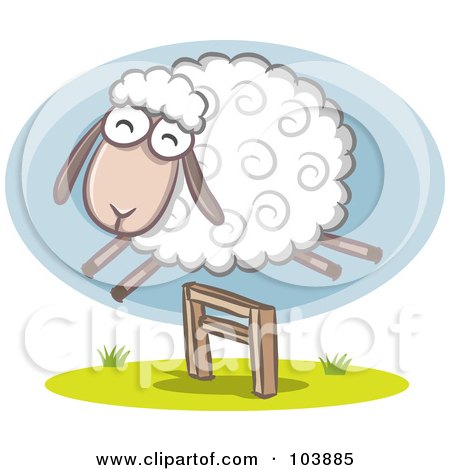 Royalty-Free (RF) Clipart Illustration of a Wooly Sheep Jumping Over A Hurdle