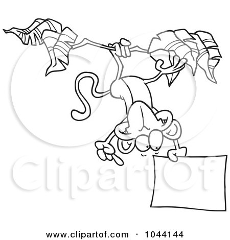 Cartoon Black And White Outline Design Of A Hanging Monkey Holding A Sign 