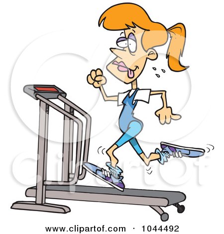 Royalty-free clipart picture of a sweaty woman running on a treadmill, 