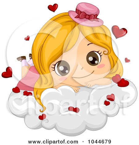 Royalty-Free (RF) Clip Art Illustration of a Cute Blond Girl Resting On A Cloud With Hearts