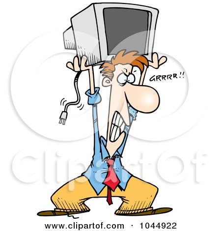 Royalty-free clipart picture of a frustrated businessman throwing a computer 