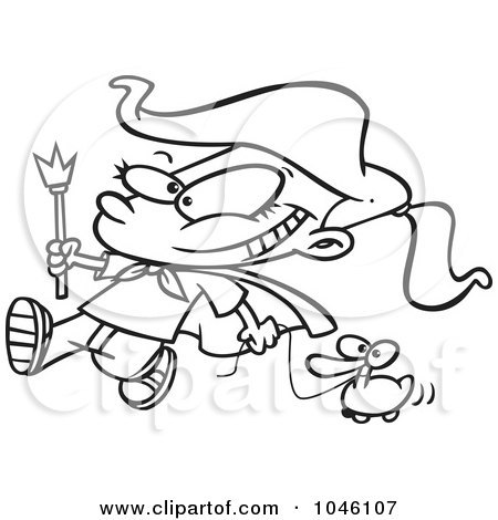 Cartoon Black And White Outline Design Of A Parade Girl Pulling A Duck 