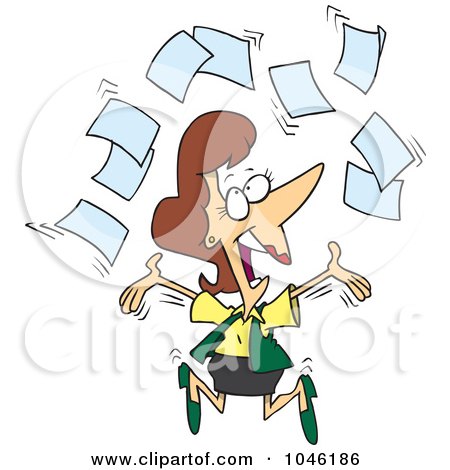 Royalty-Free (RF) Clip Art Illustration of a Cartoon Happy Businesswoman Tossing Paperwork by Ron Leishman