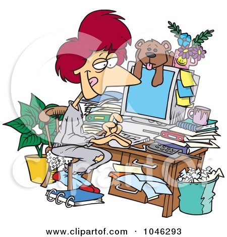Cartoon Woman Working In Her Pjs In Her Cluttered Home Office Posters, Art Prints