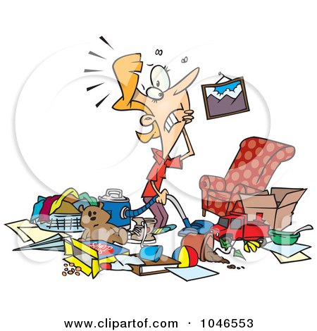 Royalty-free clipart picture of a woman with a messy living room, 