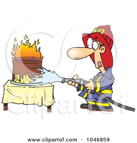 Royalty-Free (RF) Clip Art Illustration of a Cartoon Fireman Extinguishing A Birthday Cake by Ron Leishman