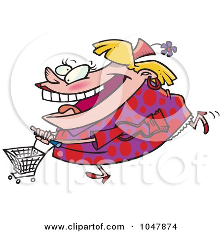 Royalty-free clipart picture of a fat woman shopping, on a white background.