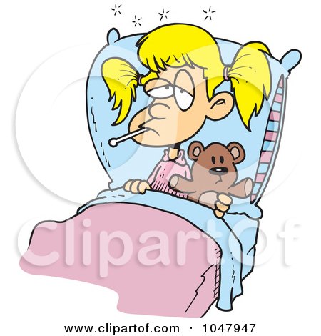 Cartoon Sick Girl With Her Teddy Bear In Bed