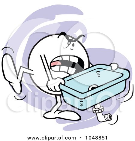 Royalty-free clipart picture of an angry moodie character carrying a kitchen 